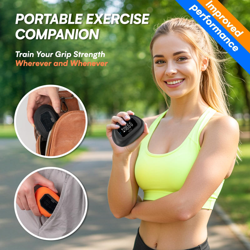 Hand Grip Strength Tester Trainer - HICHOR Rechargeable Mini Hand Strength Dynamometer for Hand Palm and Finger Workouts with Finger Exerciser and Stretcher Exercise Equipment Black Orange