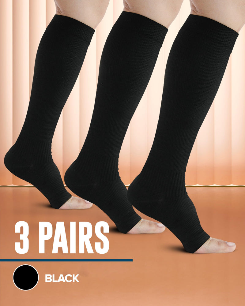 Doctor's Select 3 Pairs Copper Toeless Compression Socks Women & Men - 20-30 mmHg Open Toe Compression Socks Knee High Women Medium Black - 3 Pairs