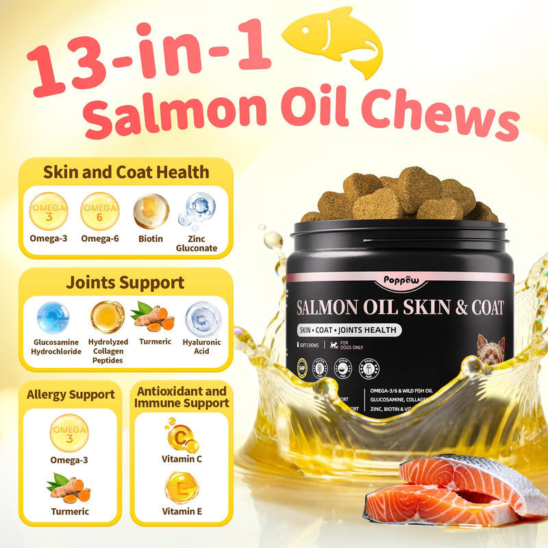 Salmon Oil for Dogs Skin & Coat, 13 in 1 Wild Alaskan Fish Oil for Dogs - Omega 3 EPA & DHA & ALA Fatty Acids, Dog Allergy Relief Chews, Joint & Immune Support, 90 Count, Chicken Flavor, Soft Chews Chicken 90Ct