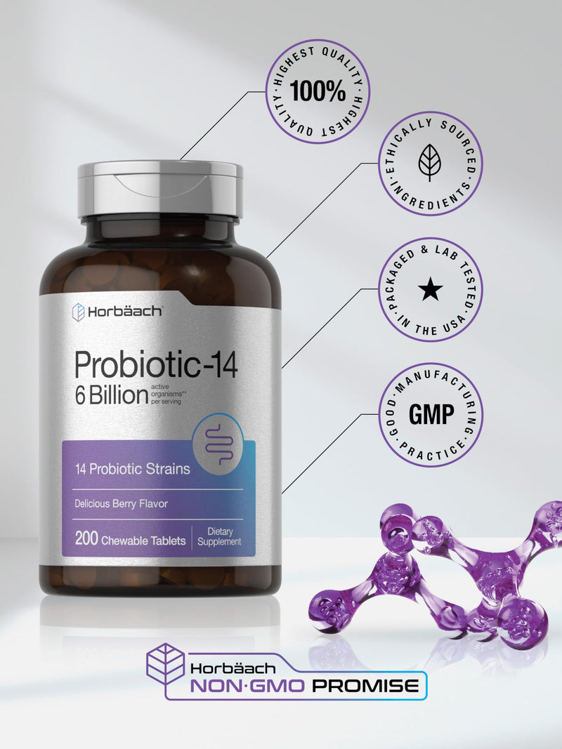 Horbäach Probiotics 6 Billion CFUs | 200 Chewable Tablets | Berry Flavor | 14 Probiotic Strains | Vegetarian, Non-GMO & Gluten Free Supplement for Men & Women
