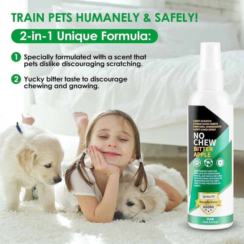 No Chew Bitter Apple Spray for Dogs & Cats, Natural Alcohol-Free Anti-Chew Spray to Stop Chewing, Licking & Biting, Furniture & Wound Safe Pet Behavior Training Spray, 5.92 fl oz Green