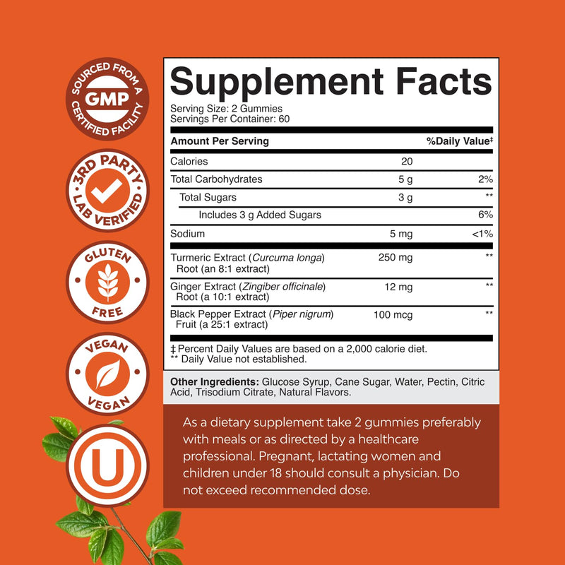 Natures Craft Turmeric Gummies for Adults - Extra Strength Immune Support Gummies with Turmeric Curcumin, Black Pepper Extract and Ginger - Peach Flavor Vitamins for Adults - 120 Count 120 Count (Pack of 1)