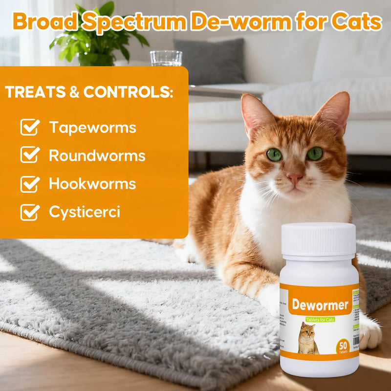 Dewormer for Cats and Kittens, Praz-qantl Tablets Broad Spectrum Dewormer for Tapeworms, Hookworms & Roundworms, 50 Tablets
