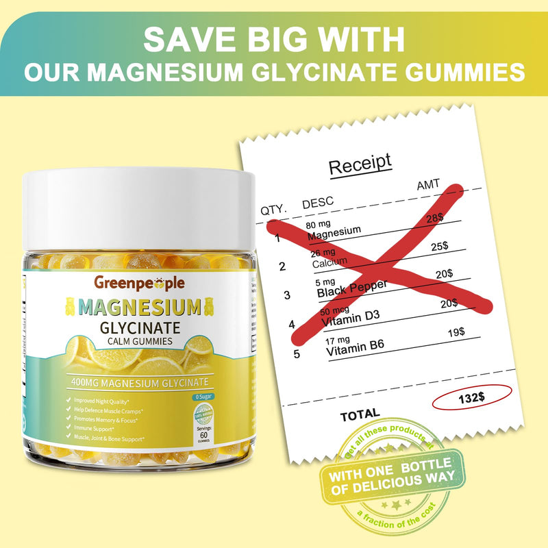 GREENPEOPLE Magnesium Glycinate Gummies 400mg - Lemon, 60ct 2 Pack | Chelated Sugar Free,High Absorption Supplement with Magnesium Citrate,Vitamin D & B6 Calm,Sleep & Stress Support for Adults 60 Count (Pack of 2)