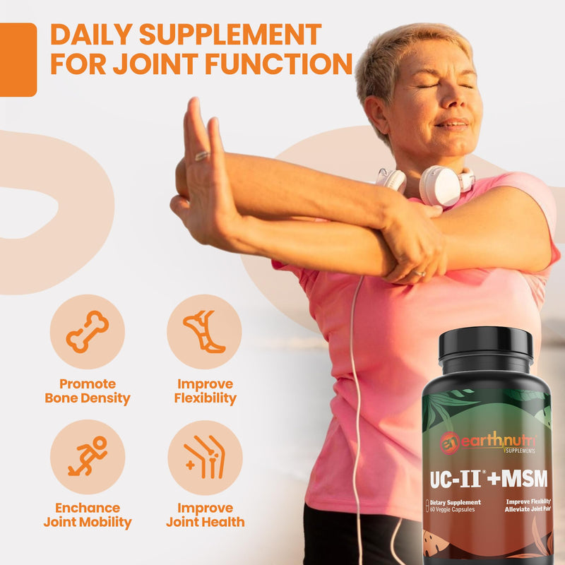 EarthNutri UC-II Collagen & MSM Supplement for Bone Health and Joint Flexibility Joint Supplement - 40mg UC-II Providing 10mg Total Collagen & 1000mg MSM - 60 Capsules (2 Caps Daily)
