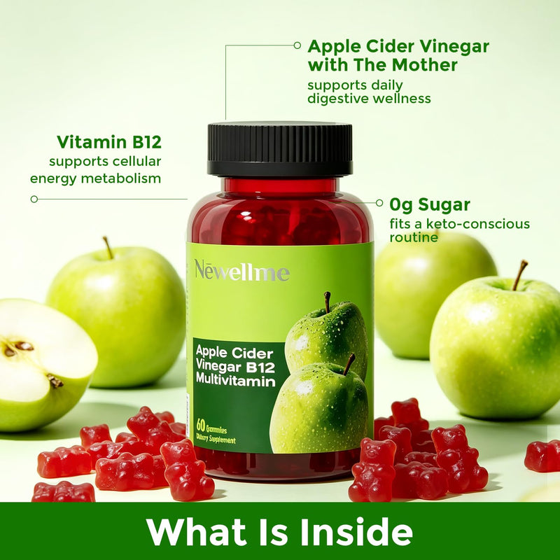 NEWELLME Sugar-Free Apple Cider Vinegar Gummies with B12,30 Counts | 1000mg ACV with The Mother,0g sugar ACV gummies,Digestive Wellness Support,Energy Metabolism Support,Keto-Friendly Formula 30 Count (Pack of 1)