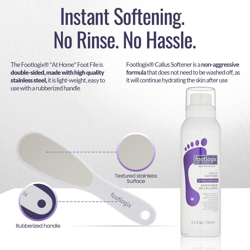 Footlogix Foot Care Callus Softener Combo - Callus Remover Spray & Double-Sided Foot File for Dry, Cracked Heels, Pedicure Tools for Feet, Foot Exfoliator White