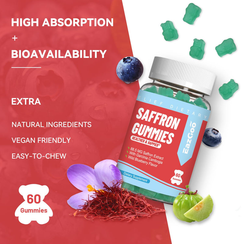 Saffron Supplements Gummies, Saffron Extract, Vegan - 60 Gummies | for Positive Mood & Calm Nerve, Boost Energy, with Garcinia Cambogia, Vitamin A, B12, Rhodiola Rosea 60 Count (Pack of 1)