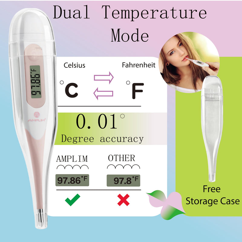 Amplim Digital Basal Thermometer, Medical Grade Accurate BBT for Ovulation Tracking, 1/100th Degree High Precision Fertility Prediction, 60-Sec Read, Memory Recall, Flexible Waterproof Tip, Pink