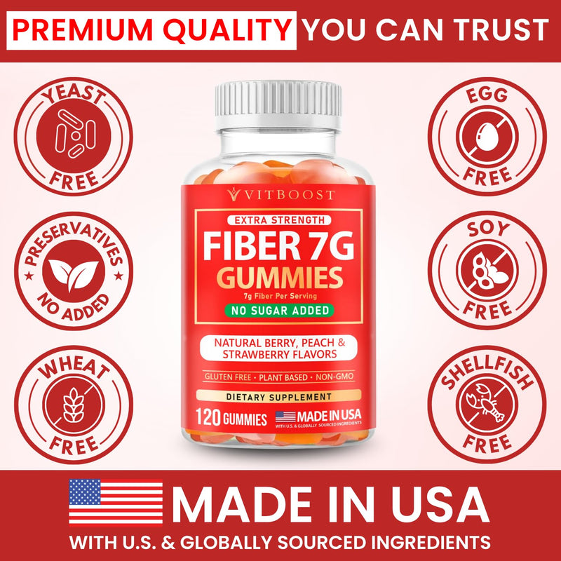 Fiber Gummies for Adults 7g - Digestive Health & Regularity - 120 Count | Sugar Free Fiber Supplement for Women and Men - Pectin-Based (No Gelatin), Non-GMO, Vegan, Made in USA 120 Count (Pack of 1)