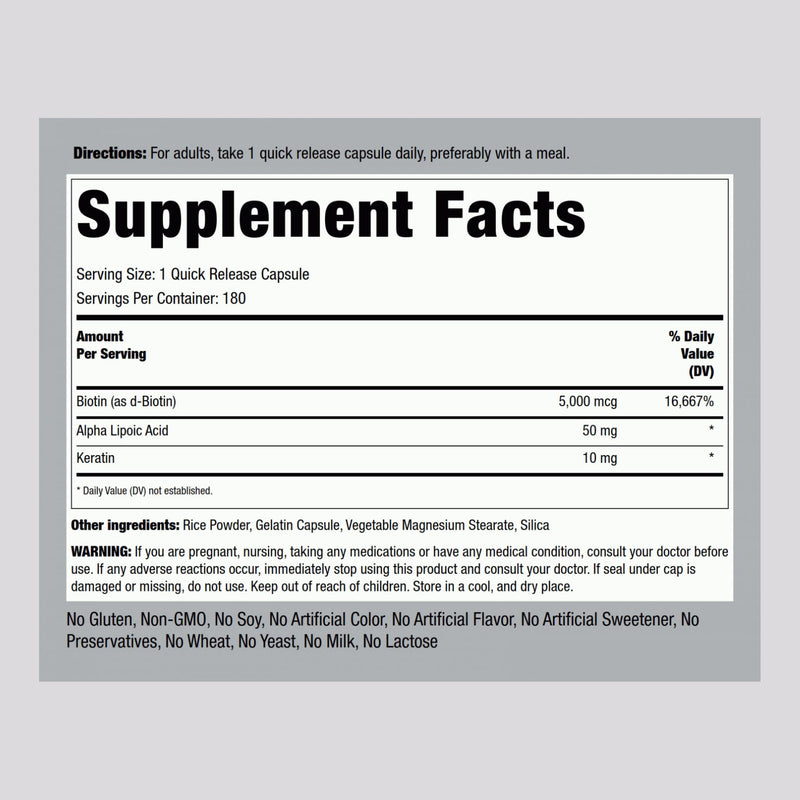 Piping Rock Biotin 5000mcg | 180 Capsules | Plus Keratin and Alpha Lipoic Acid | Supplement for Women and Men | Non-GMO, Gluten Free