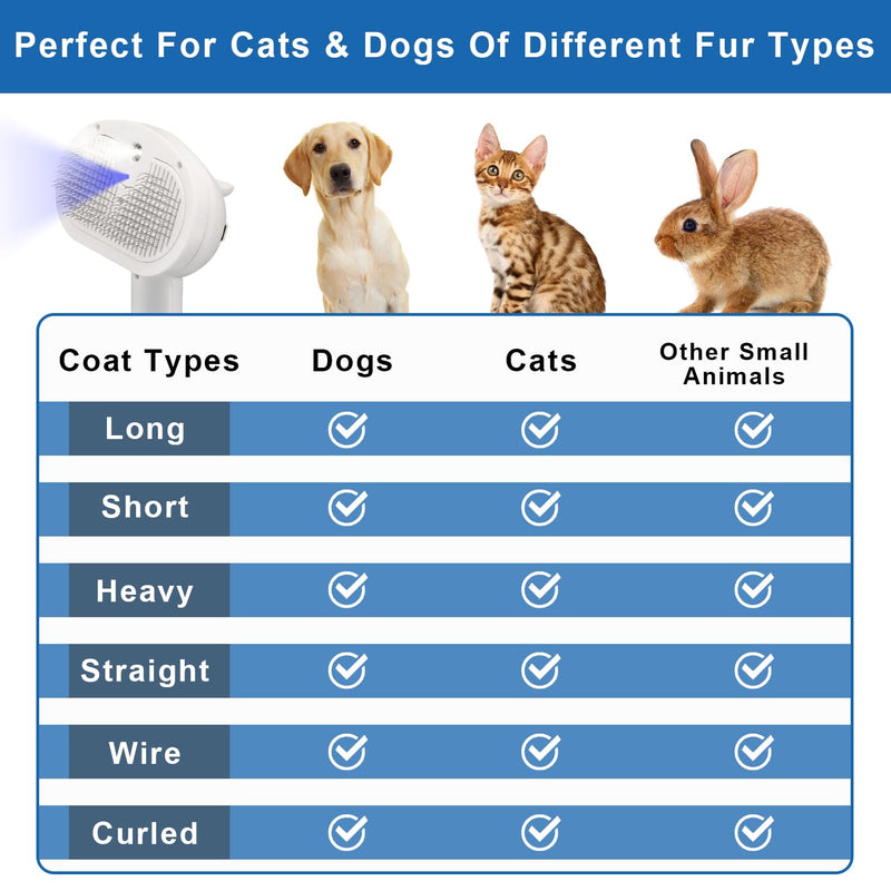 Pet Steam Hair Comb Brush for Shedding, 4 In 1 Spray Brush for Long & Short Haired Cat&Dog, Self-Cleaning Hair Remover with Water Tank And LED Blue Light, Release Button (White) White - BeesActive Australia