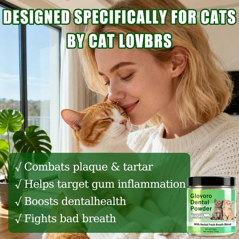 Glovoro Cat Dental Powder, Dental Powder for Cats, Relieve Gum Redness Tartar, Breath Freshener,Daily Dental Care Powder, 100g
