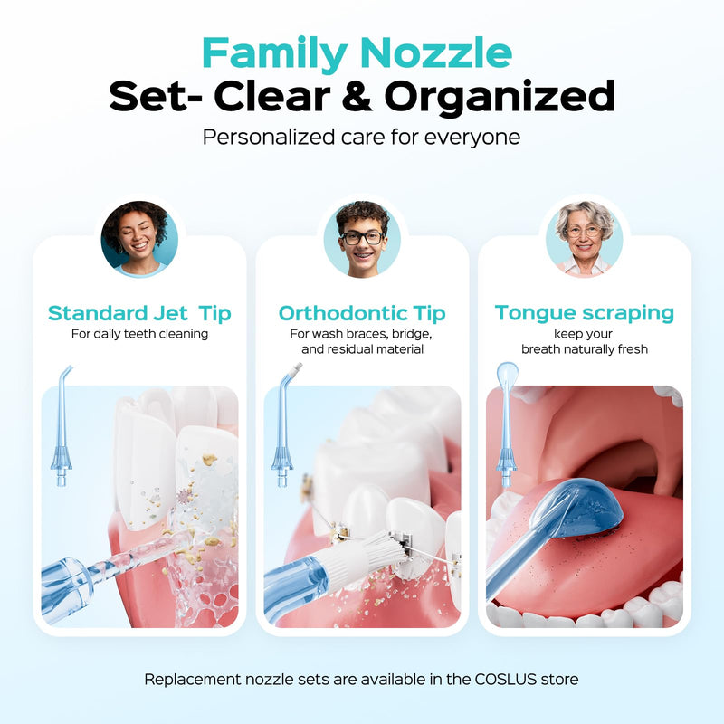 COSLUS C51 Portable Water Flosser for Teeth: 3 Modes & 6 Pressure Settings with Jet Mode Water Dental Pick for Orthodontic, Braces, Sensitive Gums, Compact for Travel, 300ML for Multiple Users, White Arctic White