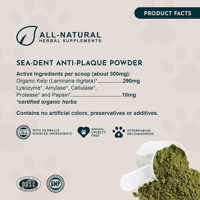 Animal Essentials SeaDent for Dogs - Kelp and Enzymes Plaque, Tartar Control Formula, Alpha Beta Amylase, Cellulase, Marshmallow Root, Slippery Elm Inner Bark, All Natural - 2.5 Oz (Pack of 1) - BeesActive Australia