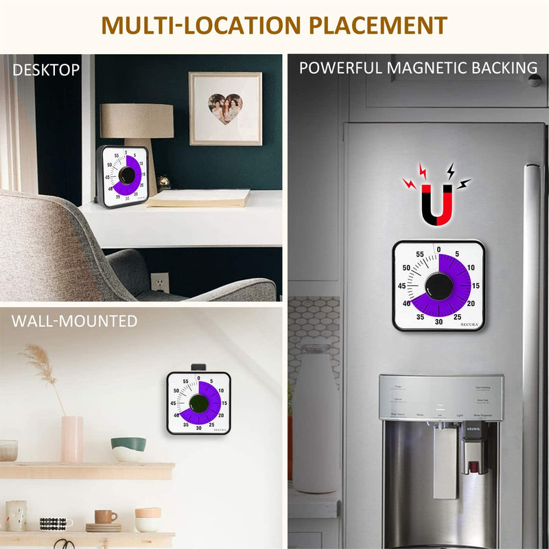 Secura 60-Minute Visual Countdown Timer, 7.5-Inch Oversize Classroom Visual Timer for Kids and Adults, Durable Mechanical Kitchen Timer Clock with Magnetic Backing (Purple) Purple & Black