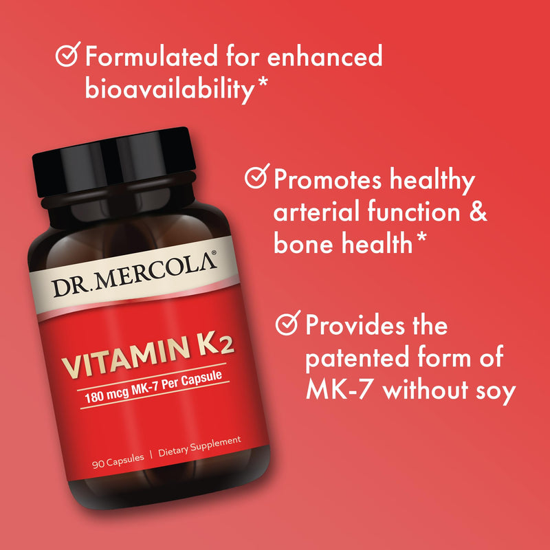 Dr. Mercola Vitamin K2, 90 Servings (90 Capsules), 180 mcg MK-7 Per Capsule, Dietary Supplement, Promotes Healthy Arterial Function, Non-GMO 90 Count (Pack of 1) - BeesActive Australia
