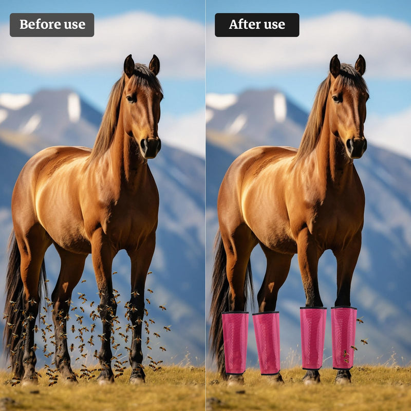 Mesh Horse Fly Boots Set of 4 Loose Fitting Breathable Leggings for Horses, Adjustable Anti-Stomping Leg Wraps, Stay-Up No-Slip Design for All 4 Legs, Pink