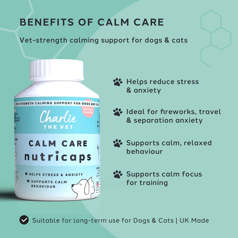 CharlieTheVet Calm Care, Salmon Flavour, Pet Calming Supplement, Capsules, Dogs & Cats, L-Tryptophan, L-Theanine, Valerian Root, 50 Capsules, Anxiety & Stress Relief