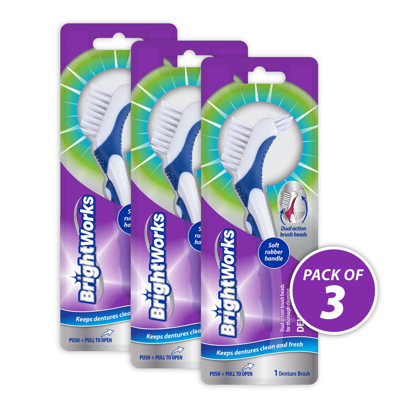 BrightWorks Denture Brush, Dual-Action Brush Heads, Manual Brush (Pack of 3) - BeesActive Australia