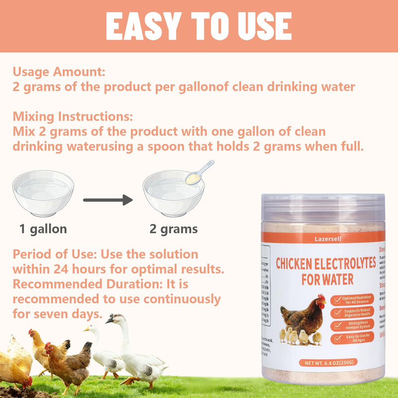 Chicken Electrolyte for Water, Ideal for Hydration, Immunity, Digestive Health, Chicken Vitamins, Electrolytes, and Probiotics, Multipurpose Poultry Vitamins for Chickens, Ducks, Turkeys, 8.8 OZ