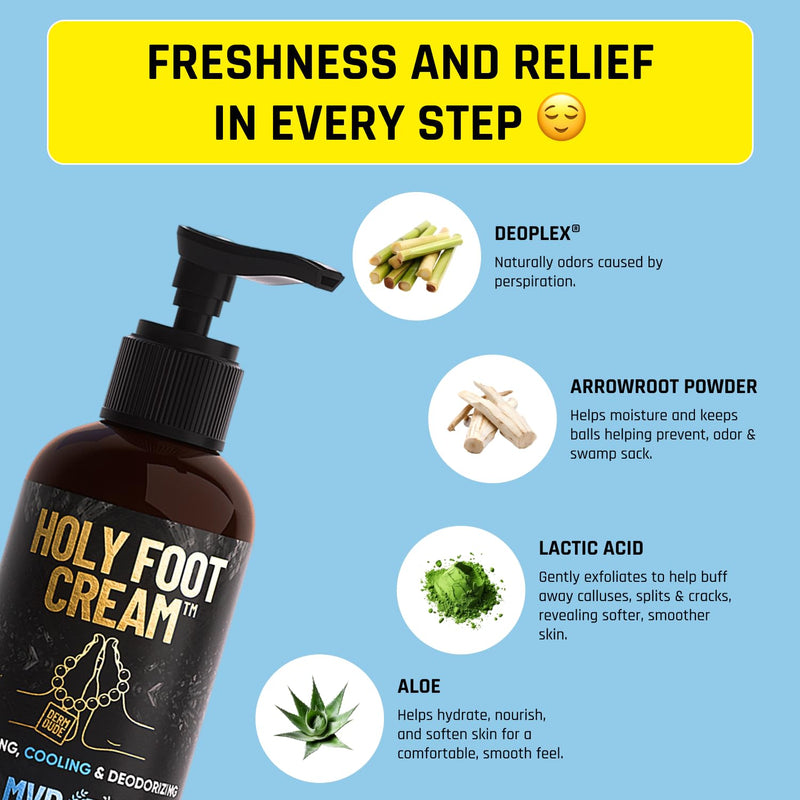 Derm Dude Holy Foot Cream | Daily Moisturizing Foot Cream with DeoPlex for Freshness & Arrowroot for Lightweight Hydration | MVP Scent 4oz