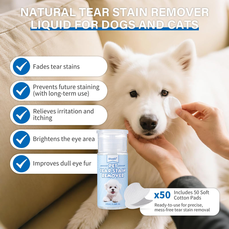 Natural Tear Stain Remover Liquid for Dogs and Cats – Gentle,Safe & Non-Irritating Formula Effective Cleans Pet Tear Stains Eye Debris, Discharge, Mucus Secretions