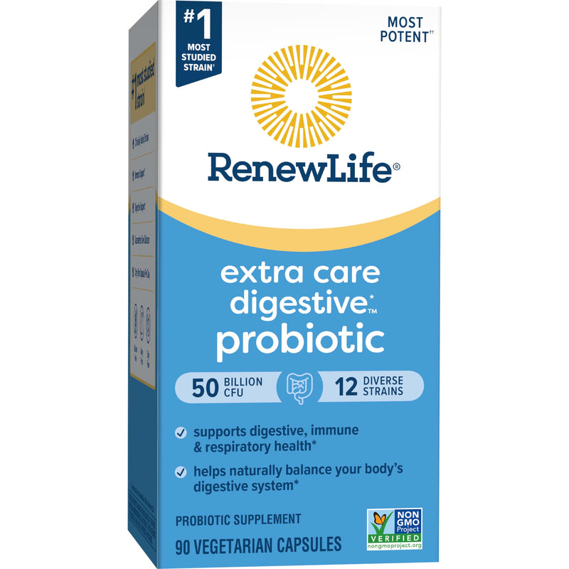 Renew Life Extra Care Digestive Probiotic 50 Billion CFU | 90 Vegetarian Capsules | Supports Digestive, Immune & Respiratory Health | Dairy, Soy and Gluten Free Supplement 90 Count (Pack of 1)