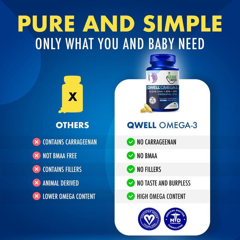 Vegan Prenatal Vitamins with DHA (60 Count) Omega-3 - Qwell Better Than Fish Oil, Brain Function - 820 Mg Algae DHA & EPA, Vegan Prenatal Vitamins with Vitamin E, Carrageenan-Free 60 Count (Pack of 1)