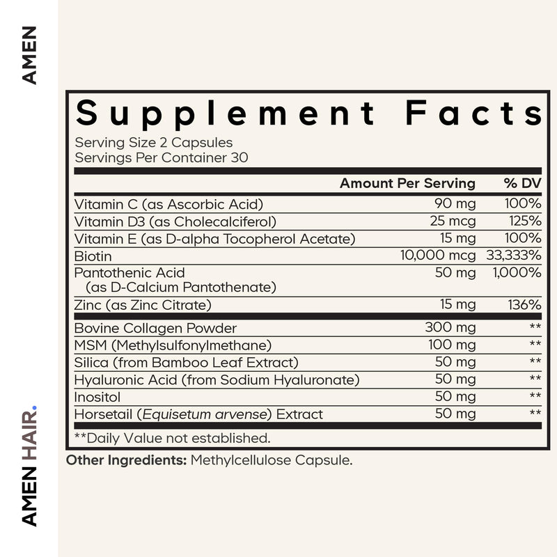 Amen Hair Vitamins - 10,000 mcg Biotin, Collagen Powder - Vitamin C, D3 & E, Pantothenic Acid, MSM, Zinc, Hyaluronic Acid, Inositol & Horsetail Extract - Non-GMO Hair Pill Supplements - 60 Capsules