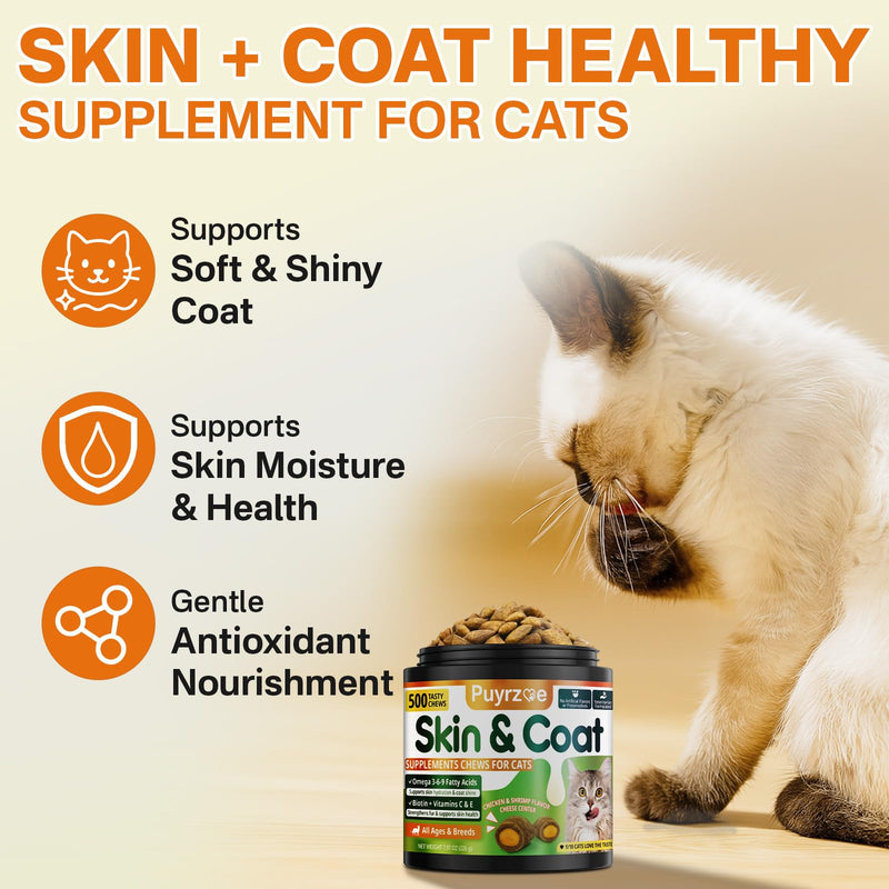 Puyrzoe Flea & Tick Support + Probiotics + Skin & Coat Chews for Cats – Flea Support, Gut Health & Coat Shine – 500 + 500 Chews with Omega-3-6-9, Vitamins & 6-Strain Probiotics, Chicken Flavor