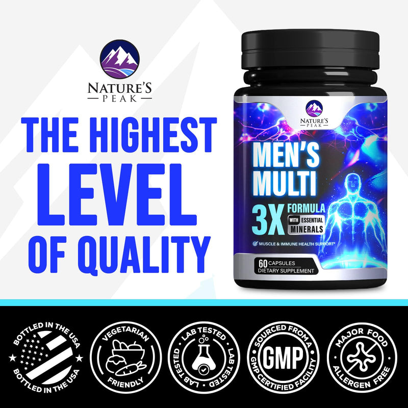 Men's Multivitamins Supplement - Complete Daily Multivitamin for Men with Vitamin B12, A, C, D, E, Zinc, Calcium, Iron, Folate - Immune Health & Energy Support - High Potency & Non-GMO - 60 Capsules 60 Count (Pack of 1)