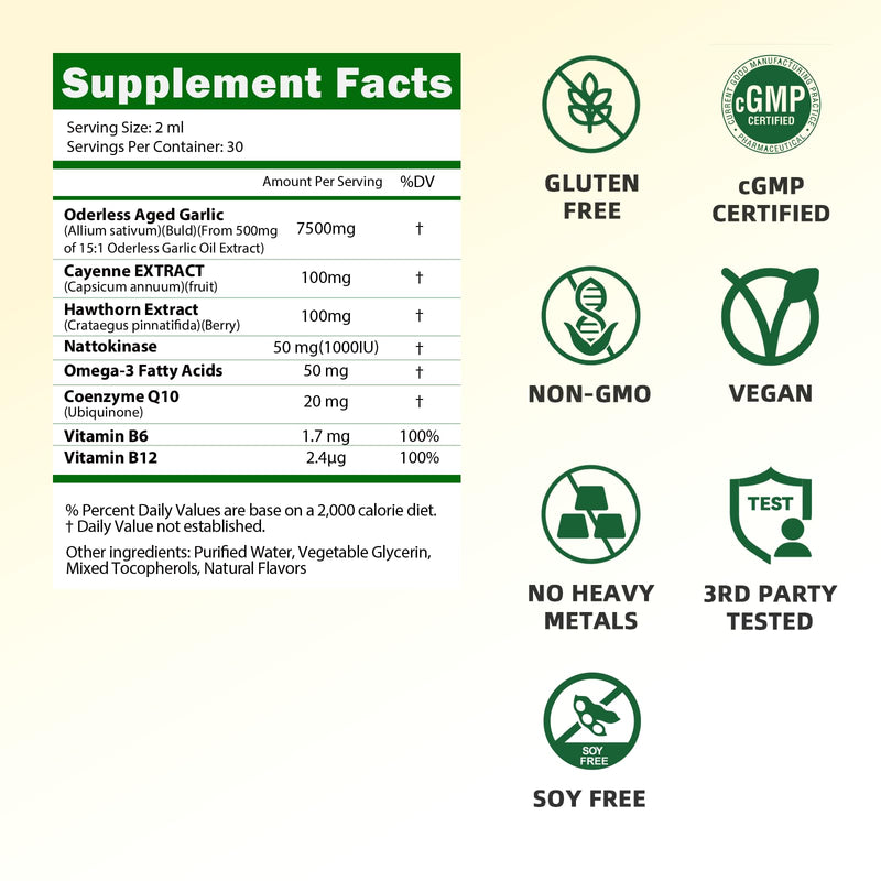 Aged Garlic Extract Liquid Drops, Odorless Garlic Supplement with CoQ10 Cayenne Hawthorn Berry Nattokinase Omega-3 Vitamin B6 & B12 for Heart Immune Health Support, Grown Allium Sativum Bulb