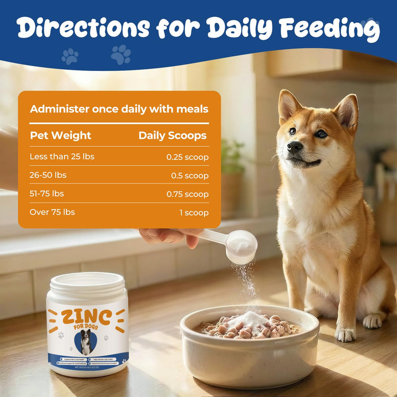 Zinc Supplement for Dogs, Skin & Coat Support, Vitamin E & Biotin Powder | Daily Zinc Powder with Vitamin E, Selenium & Biotin Supports Skin, Coat, Immune Wellness & Daily Mineral Support, 60 g