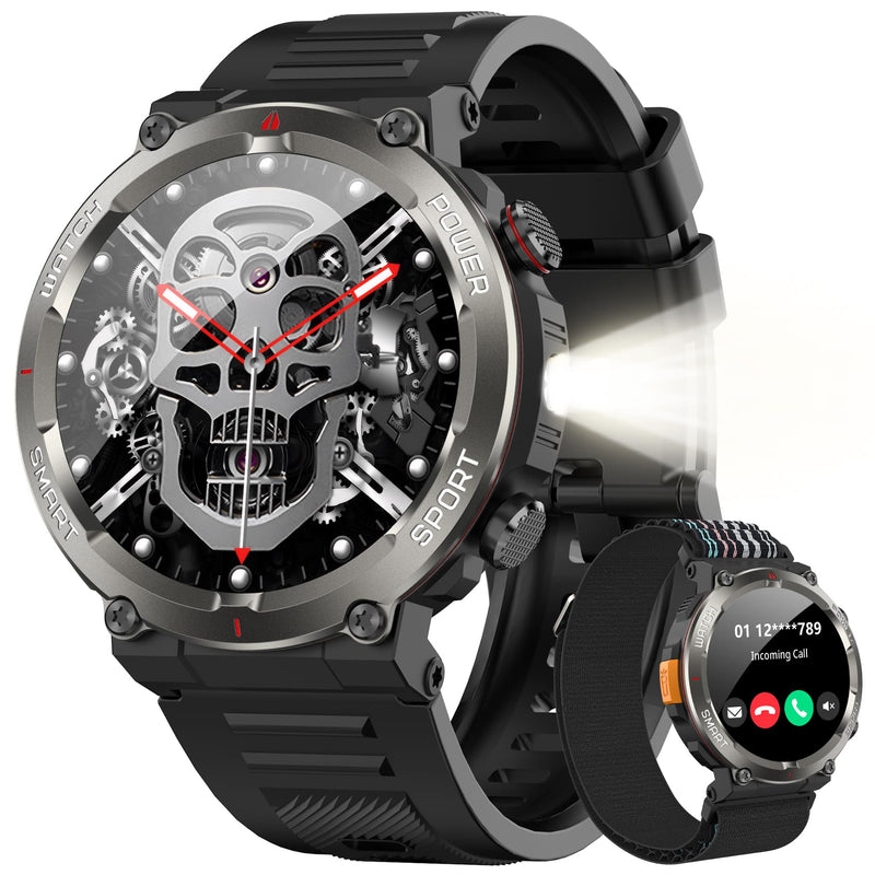 IOWODO Military Smart Watch for Men -100-Day Long Battery Life,Fitness Tracker with LED Flashlight/Compass,Heart Rate Monitor,120+ Sports Modes,IP68 Waterproof,Bluetooth Call Smartwatch for iOSAndroid - BeesActive Australia