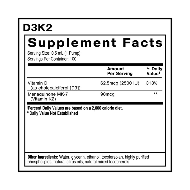 Quicksilver Scientific Nanoemulsified D3K2, 1.7oz / 50ml | Emulsified Liquid Vitamin D3 and K2 MK7 Liposomal Supplement for Heart, Bone Health and Immune Support, Cholecalciferol