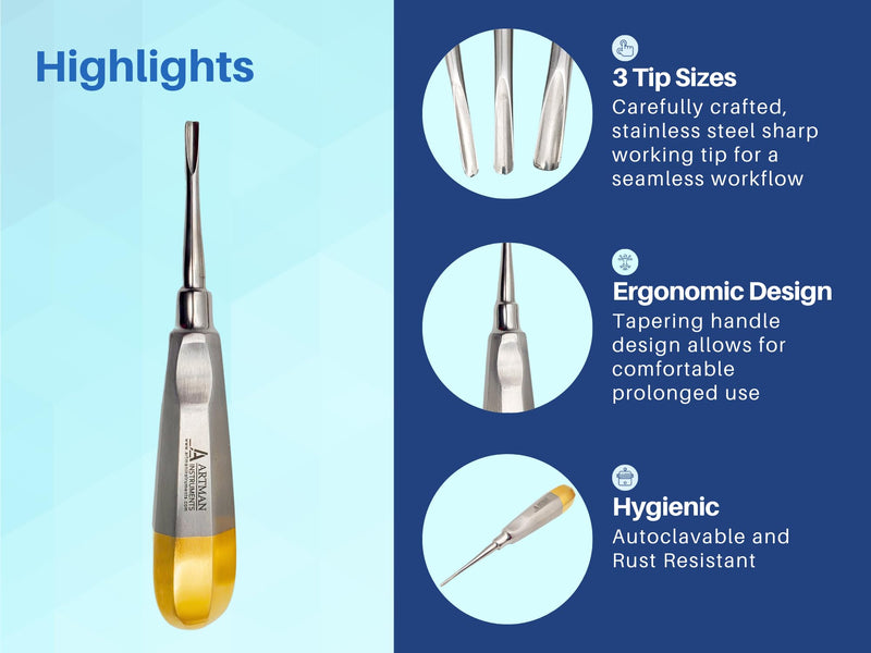 ARTMAN INSTRUMENTS Dental Straight Extraction Elevators – 2mm, 3mm, 4mm Root Tip & Gouge Elevators, Autoclavable Stainless Steel, Tooth Extraction Tools for Oral Surgery - BeesActive Australia