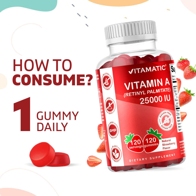 Vitamatic Sugar Free Vitamin A 25000 IU Gummies (Retinyl Palmitate) - Natural Strawberry Flavor - 120 Pectin Based Gummies (1 Bottle) 1 Bottle - BeesActive Australia