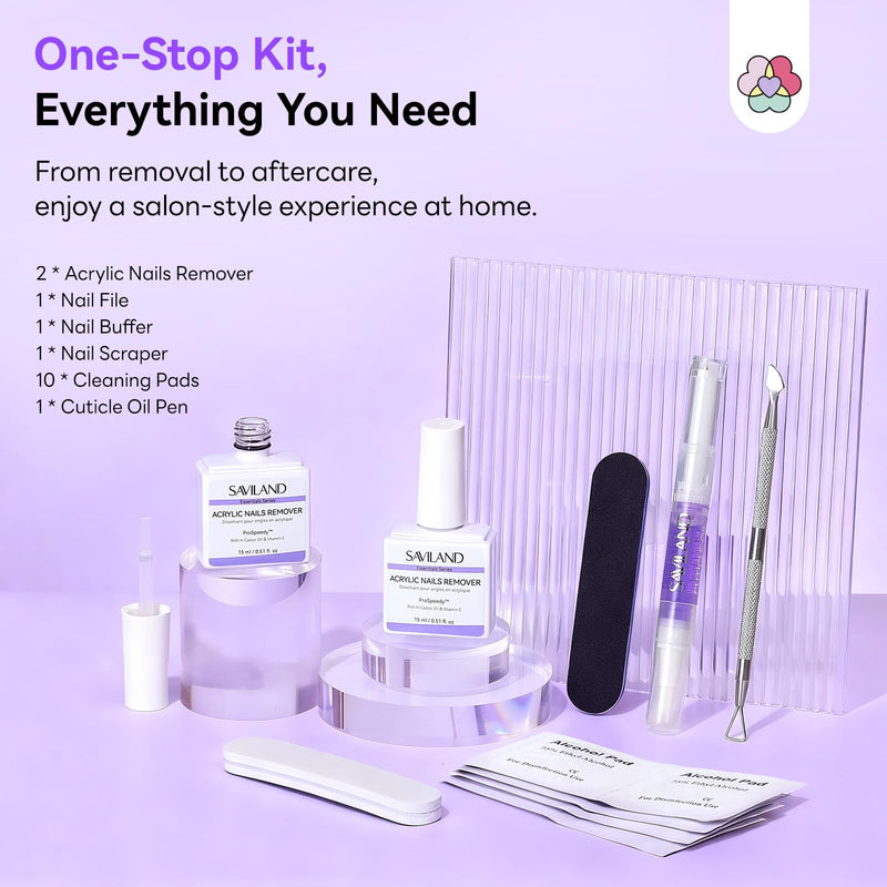 SAVILAND Acrylic Nail Remover Kit 2 Pcs: Powerful Rapid Dissolution Acrylic Remover with Cuticle Oil & Nail File Tools, No Soaking No Wrapping, Gentle Professional Set for Home Use 16pcs