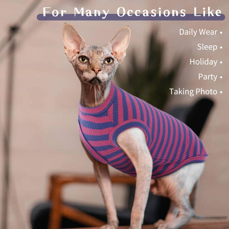 BRKURLEG Sphynx Hairless Cats Shirt Puppy Clothes Soft Cotton T-Shirts Cute Cats Pajamas Cat Stripes Vest Pet Clothes, Round Collar Vest Kitten Shirts(Pink-Blue Stripes, M) Medium PinkBlue Stripe - BeesActive Australia