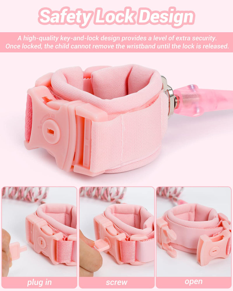 Dr.meter Kids Leash for Toddler, Reflective Anti Lost Wrist Link with Key & Lock, 8.2ft Safety Wristband Child Walking Harness for Supermarket Mall Airport Amusement Park Zoo Outdoor Pink - BeesActive Australia