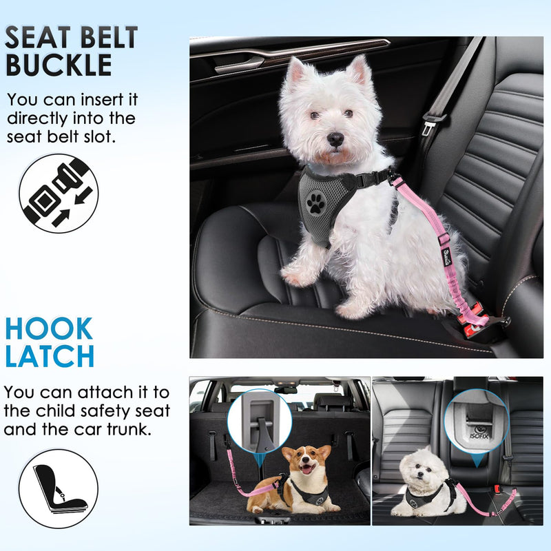 Lukovee Dog Seatbelt Leash for Cars, 2 Pack Pet Safety Car Seat Belt with Adjustable Buckle & Reflective Bungee, Connect Dog Harness in Vehicle Car Dogs Restraint Travel Daily Use (Pink) A-Pink A- Headrest with Clip + 2 in 1 Seat Belt - BeesActive Australia
