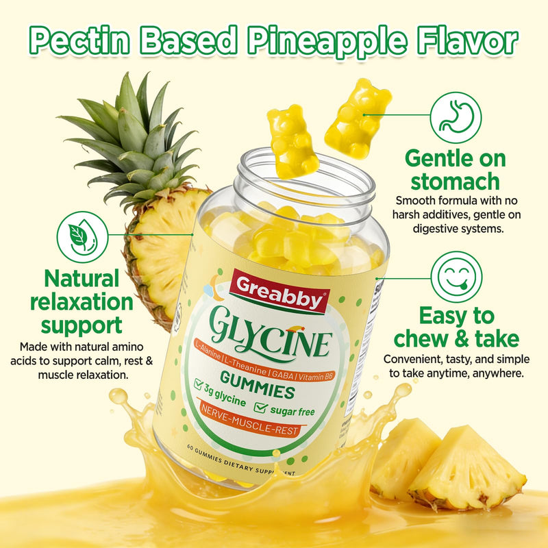 Glycine Gummies, Glycine 3g with Alanine 1000mg for Sleep Muscle Relaxation | Glycine Supplements with L Theanine, GABA, Vitamin B6, Support Adults Sleep, Sugar Free Pineapple Flavor, 60 Gummies 1