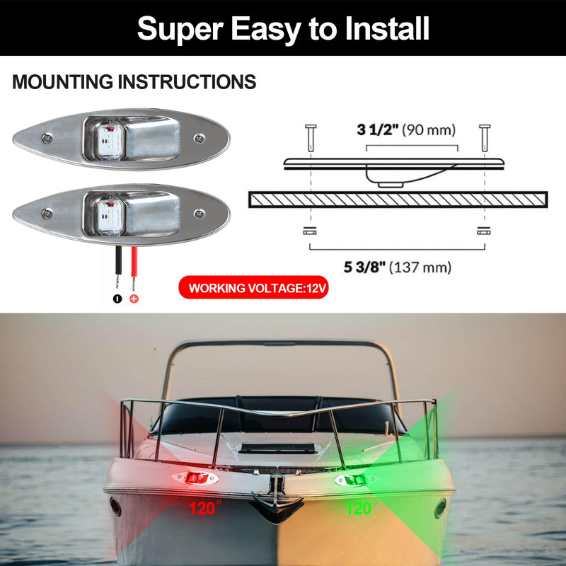 Boat Navigation Lights, 12V Stainless Steel Marine Navigation Lights, Waterproof Red & Green LED Marine Boat Yacht Sailing Signal Warning Light - BeesActive Australia