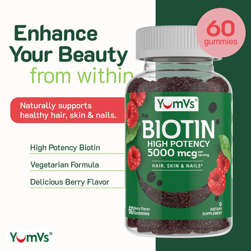YumVs Biotin Gummies 5000mcg - Luscious Raspberry Flavor - Thicker Faster Hair Growth Gummies for Women or Men - Hair, Skin & Nails Vitamins - Hair Gummies - Vegetarian Biotin Supplement (60 Count) 60 Count (Pack of 1)