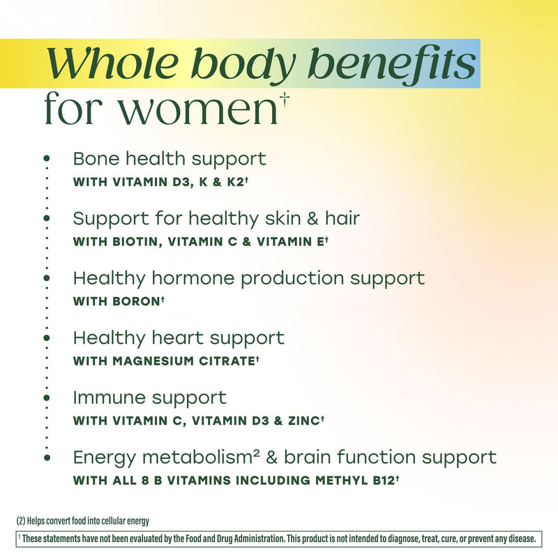 MegaFood Whole Body Multivitamin for Women with 25 Nutrients, 60 Capsules | Womens Multivitamin, Immune, Brain, Heart, Skin & Hair, Vitamin D3 K2, Magnesium Citrate, Folate, Biotin, Iron, 30 Servings