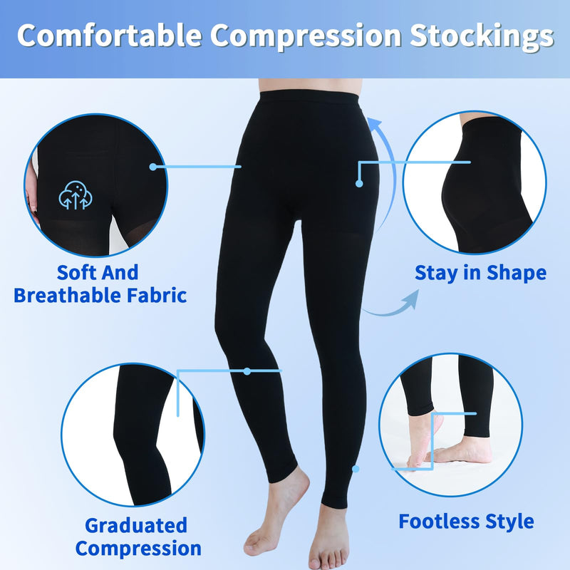 Medical Compression Pantyhose for Women & Men, 20-30mmHg Graduated Support Compression Tights Footless Medical Compression Stockings & Leggings for Edema, Varicose Veins, Swelling(Black,L) Large Footless/Black
