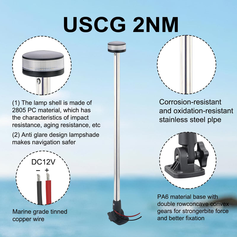 Stern Lights,Navigation Lights,Led All Around Anchor Light,Folding Base,USCG Certified 2NM, For Boat,Yacht,Pontoon,Fishing Boat 24 Inches
