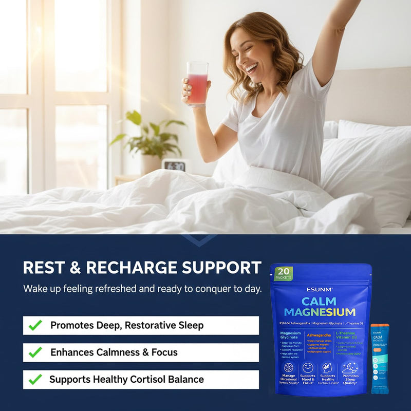 ESUNM Calm Magnesium Drink Mix Packets, Magnesium Glycinate with KSM-66 Ashwagandha, L-Theanine, GABA, Saffron & Vitamin D3, Relaxation, Mood & Sleep Support, Raspberry Lemonade, 20 Stick Packs