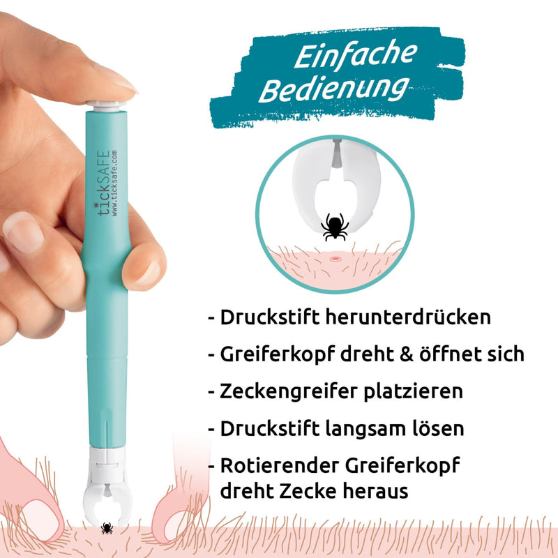 tickSAFE tick gripper with rotating gripper head for use on animals | The better alternative to tick tweezers - no squeezing, pulling or pressing - simply unscrew gently 1 piece of turquoise (animal) - BeesActive Australia
